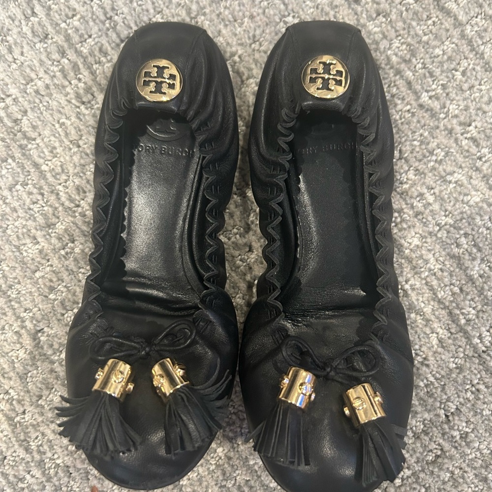 Tory Burch Black Leather Tassel Ballet Flats with Gold Accents